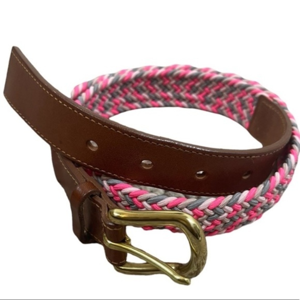 J. Crew Tan Leather Pink & Gray Woven belt Small